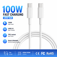 Cable de 100W 20V 5A con revestimiento de TPE, tacto suave, carga rápida, transferencia de datos USB 2.0, certificado CE/FCC/RoHS, OEM ODM, 1m de longitud, blanco, personalizado