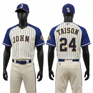 Maillot de baseball pour homme de qualité supérieure, 180 GSM, polyester interlock premium, crème, manches rayées marine, sublimation, logo personnalisé - Product Image 1
