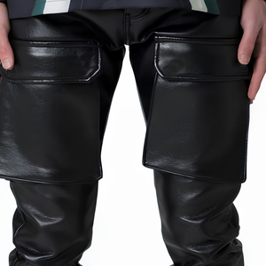 Pantalon en cuir et toile pour homme, taille mi-haute, coupe ajustée, jambe large, style streetwear, vente en gros, fabricant - Product Image 4