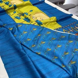 Sarees de seda Desi Tussar suaves con hermoso estampado digital con borde atractivo y blusa con estampado en contraste en nuevos estilos - Product Image 1