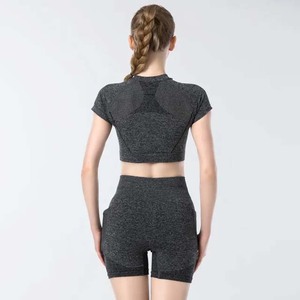 Women's Grey Workout Sets Lightweight Seamless 2-Piece High Waist Yoga Shorts <b>Stretch</b> Sports <b>Bra</b> Custom Material-Spandex - Product Image 6