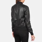 Chaqueta Bomber de Cuero Genuino Negro para Mujer, Transpirable, con Cuello Mao, Cierre de Cremallera, Estilo Universitario, Informal, para Otoño e Invierno, Prenda Exterior de Algodón - Product Image 3