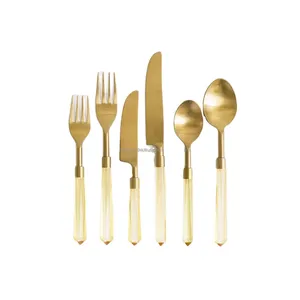 <b>Set</b> of <b>6</b> Gold Plated Stainless Steel Flatware Cutlery with Acrylic Handles Home <b>Dinnerware</b> Tabletop Cutlery <b>Set</b> in India - Product Image 1