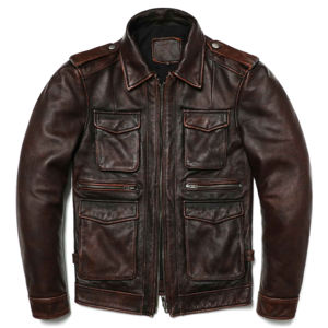 Chaqueta personalizada de moda para hombres de manga larga con cremallera chaqueta de cuero de vaca natural para hombres - Product Image 1