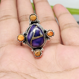 Purple and Orange <b>Turquoise</b> Designer <b>Ring</b> Silver Gemstone Bohemia Anniversary <b>Ring</b> for Weddings - Product Image 2