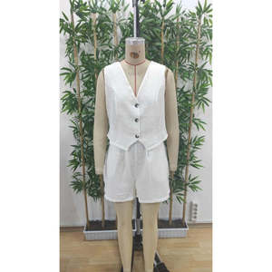 Jane's <b>Women's</b> Sleeveless V-Neck Front Buttoned <b>Linen</b> Jacket and Shorts Two-Piece <b>Set</b> 36872-White - Product Image 3