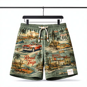 กางเกงชายหาดผู้ชายแบบสั่งทำพิเศษ – กางเกงขาสั้นลำลองพิมพ์ลายวินเทจเอวยางยืดพร้อมเชือกผูก (สีเขียวมะกอก) - Product Image 1