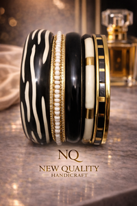 Premium Black Gold <b>Bangle</b> <b>Set</b> – Resin & Alloy Stack Bracelets with Rhinestones for Women, Trendy Fashion Jewelry Wholesale - Product Image 5