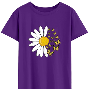 T-shirt violet à col rond pour femme, imprimé floral marguerites et papillons, décontracté, manches courtes, printemps-été, en jersey de coton - Product Image 3