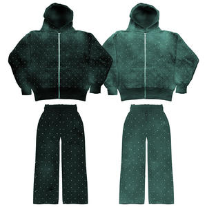 high demand Custom Sun-Faded Distressed Acid Wash All-Over Print Rhinestone <b>Hoodie</b> and Flared Sweatpants Tracksuit Set for Men - Product Image 4
