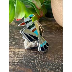 Zuni Handmade Multi-Color Turquoise Sterling Silver Inlay Ring Thunderbird Design Geometric Pattern Size 7.75 Everyday Wear - Product Image 3