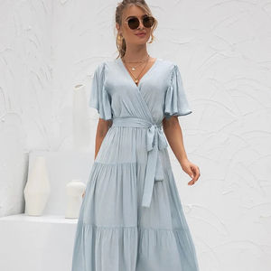 Vestido largo informal de rayón para mujer, vestido largo hasta el tobillo con tinte liso, cuello en V, Media manga, para vacaciones de verano - Product Image 1