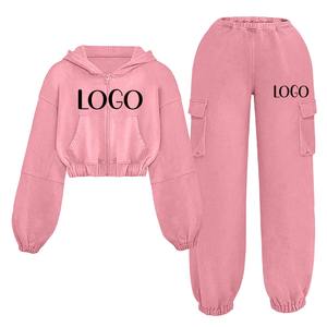 2025 Latest New Design Custom Hip Hop Acid Wash Zip Up Crop <b>Hoodie</b> And Baggy Sweatpants Tracksuit Comfortable Breathable - Product Image 1
