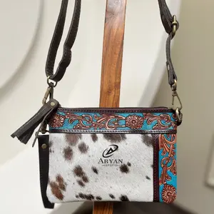 Turkuaz el Tooled deri inek derisi Mini kadınlar için Crossbody çanta bileklik cep çanta özel markalı batı deri çanta