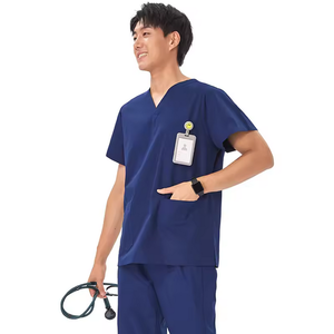 Uniformes de hospital de material elástico con cuello en V y logotipo personalizable - Product Image 1