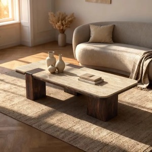 2026 Modern Solid <b>Wood</b> Coffee Table with Travertine Marble Top-New Arrival Unique Living Room Villa Furniture - Product Image 1