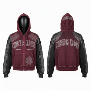 เสื้อฮู้ดซิปแบบสตรีทแวร์ ดีไซน์โลโก้ประดับเพชรทั้งตัว ผ้าหนา สองสี ทรงโอเวอร์ไซส์ - Product Image 1