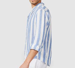 Chemise décontractée homme en lin bleu à manches longues, col rabattu, teinte unie, anti-rétrécissement, séchage rapide, durable, 100g – Collection Été 2026 - Product Image 4