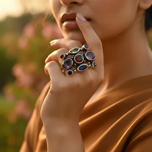 925 Sterling <b>Silver</b> Cluster <b>Ring</b> With Amethyst Garnet And Iolite Gemstones Bezel Set Bohemian Style Unisex Jewelry - Product Image 2