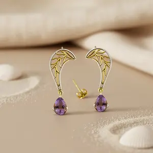 Boucles d'oreilles pendantes en or plaqué et argent avec améthyste pour femmes, style religieux classique, boucles d'oreilles créoles avec perle et diamant pour cadeau de fête - Product Image 3