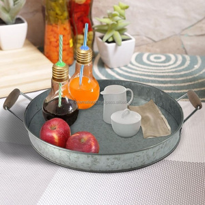 Vintage Galvanized Steel <b>Round</b> <b>Serving</b> <b>Tray</b> with Wooden Handles Classic Style Disposable Fork Included Party Use - Product Image 3