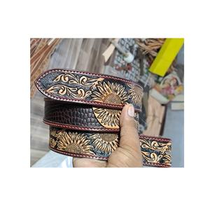 Hot Selling Floral <b>Tooled</b> Black <b>Leather</b> <b>Belts</b> with Beaded Buckles Customized Durable Horse Products Wholesale From Manufacturers - Product Image 2