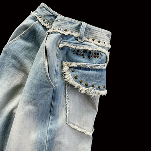 Fabricant sur mesure Pantalon en jean ample taille haute décontracté Fabricants sur mesure Jeans pour hommes avec strass et rivets - Product Image 5