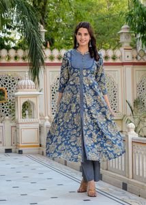 In hoa anarkali kurta với <span class=keywords><strong>Zig</strong></span> <span class=keywords><strong>Zag</strong></span> in quần và dupatta màu xanh thanh lịch phong cách Lễ Hội Dân tộc truyền thống mặc - Product Image 6