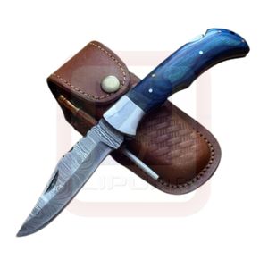 Couteau pliant en damas fait à la main avec manche en os bleu gaine en cuir couteau de camping utilitaire de survie tactique en plein air acheter maintenant! - Product Image 1