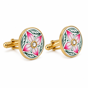 Mancuernillas de latón chapado en oro con diseño de lirio rosa esmaltado hechas a mano para hombre, con motivo de hoja, para aniversario, ropa formal, estilo Rajasthan - Product Image 1