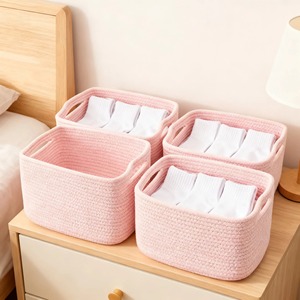 Panier en macramé rose, panier de rangement en fibre pour le rangement de la pièce, idéal pour les livres, les jouets, les articles de toilette et l'organisation quotidienne, en provenance d'Inde - Product Image 6