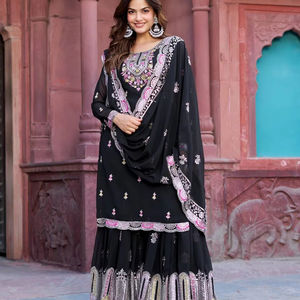 Costumes traditionnels Flair Sharara de créateur pour les dames indiennes pakistanaises noir Faux Georgette tissu fil séquence travail pour - Product Image 1