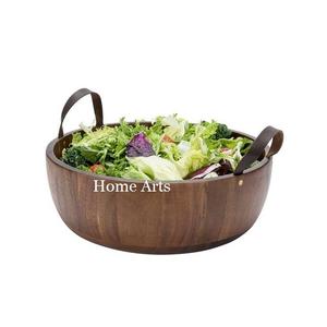 Ensaladera de madera de diseño fabuloso con asas de cuero, cuenco para servir comida de forma redonda a un precio asequible - Product Image 1