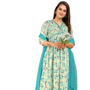 纯棉刺绣派对服装Salwar Kameez Kurti，带裤子，带Dupatta，批发价从印度购买