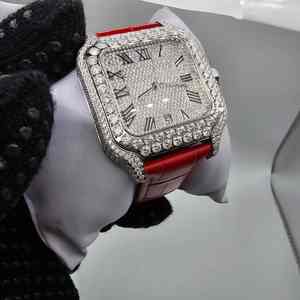 Montre automatique de luxe de style antique en acier inoxydable de qualité supérieure avec diamants en moissanite glacés, cadran à chiffres romains, bracelet en cuir rouge, style hip-hop - Product Image 2