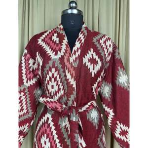 Yak Wool Blend Women's Cozy Winter Romance <b>Kimono</b> Robe Red Diamond Print <b>Cardigan</b> House Coat Pockets Quirky Woven Loungewear ODM - Product Image 2