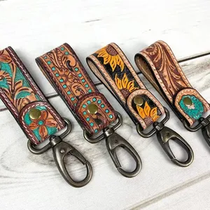 Produk baru tangan Tooled kulit gelang kunci fob timbul Floral cetak kulit cincin kunci Tooled aksesoris kulit tali kunci