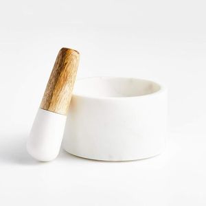 Prix de gros Mortier pour marbre en pierre naturelle avec pilon en marbre et bois Outil pour épices et herbes Ustensiles de cuisine Marbre blanc véritable - Product Image 4