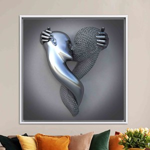Modern Printed Canvas: 3D Kissing Couple Glass Wall Art Design,WHITE <b>FRAMED</b> CANVAS - Product Image 1