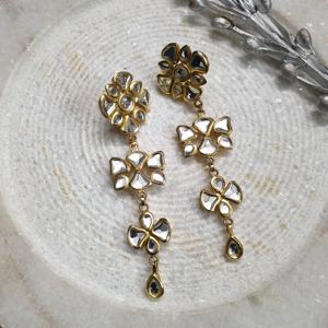 Handcrafted 22K Gold Plated Kundan Dangle <b>Earrings</b> Floral <b>Drop</b> Design Indian Ethnic Long <b>Earrings</b> for Women and Girls - Product Image 1