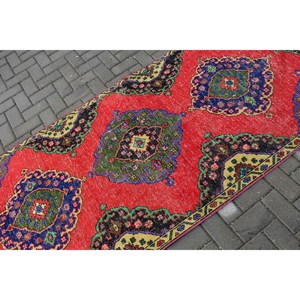 Alfombra Turca de 3.5x11.9 pies (106x364 cm), Alfombra Vintage con Cuadros Rojos - Product Image 5