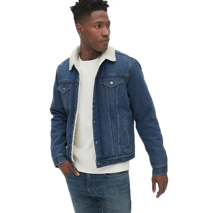 High Quality custom made Borg Collar Denim Jacket Long lined Jeans Jacket Denim Jacket