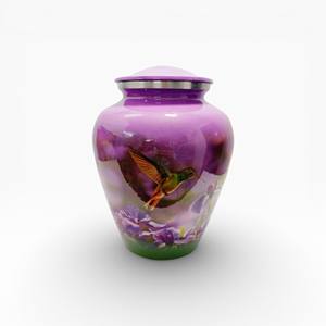 Purple Hummingbird Cremation Urn with Floral Garden Artwork and Soft Gloss Finish for Loving <b>Memorial</b> - Product Image 1