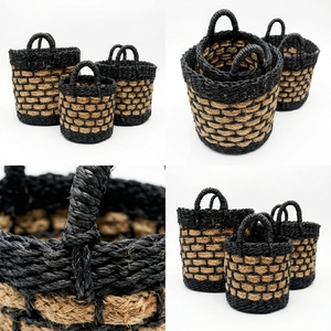 Natural Seagrass Recycled <b>Plastic</b> Storage <b>Basket</b> Set Black Border Block Weave Arch Handle Pot Planter Organizer Setup Pure Art - Product Image 3