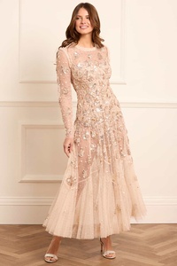 Robe longue élégante et respirante pour femme, à manches longues, broderie perlée, soutien-gorge intégré, vente en gros personnalisée, soirées, champagne - Product Image 5