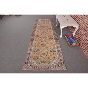 Turkish Vintage Runner Rug 2.8x9.2 ft, <b>Brown</b> Blue Plants & trees <b>Wool</b> Rug - Product Image 1
