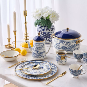 Blue White Floral Enamel Printed Durable Non-Stick Stainless Steel Hot Pot <b>Food</b> Warmer Premium Table Serving - Product Image 5