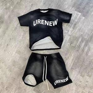 Unisex Custom Summer Acid Wash <b>T</b>-<b>Shirts</b> <b>Shorts</b> 2-Piece <b>Set</b> Double-Layer Breathable Cotton Matching Sweatsuit Unisex <b>Men</b> - Product Image 2