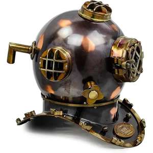 Casque de plongée en cuivre et laiton antique à l'aspect vintage pleine grandeur Mark V avec socle en bois cadeau de décoration marine nautique à collectionner - Product Image 1
