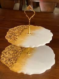 Epoxy Resin <b>Cake</b> <b>Stand</b> With Golden <b>Paper</b> Design for Wedding Hotel and Home Resin Cup <b>Cake</b> <b>Stand</b> From India - Product Image 2